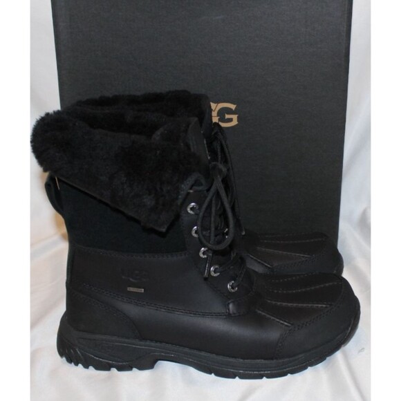 NIB UGG MEN'S BUTTE LOGO LEATHER SUEDE SHEARLING LINED WINTER SNOW BOOTS 8 BLACK - Picture 1 of 6